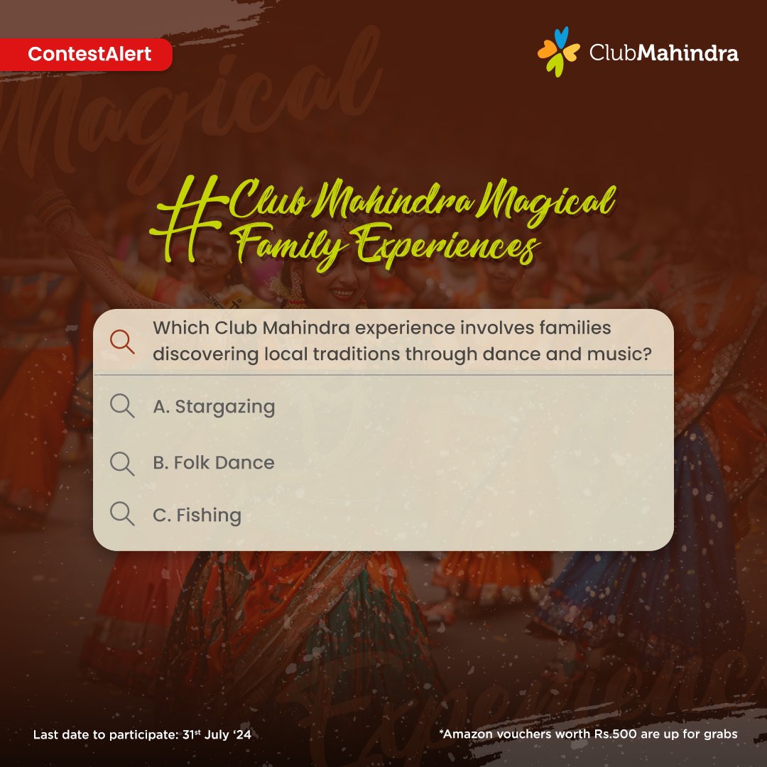 #ContestAlert  15 of 15 Participate in all #ClubMahindraMagicalFamilyExperiences 
STEPS 1) Commenting using #ClubMahindraMagicalFamilyExperiences &amp; tagging 4 friends &amp; <a href="/clubmahindra/">Club Mahindra</a> is mandatory​​ 2)Participate in all 15 contest posts Winners get Amazon vouchers worth INR 500