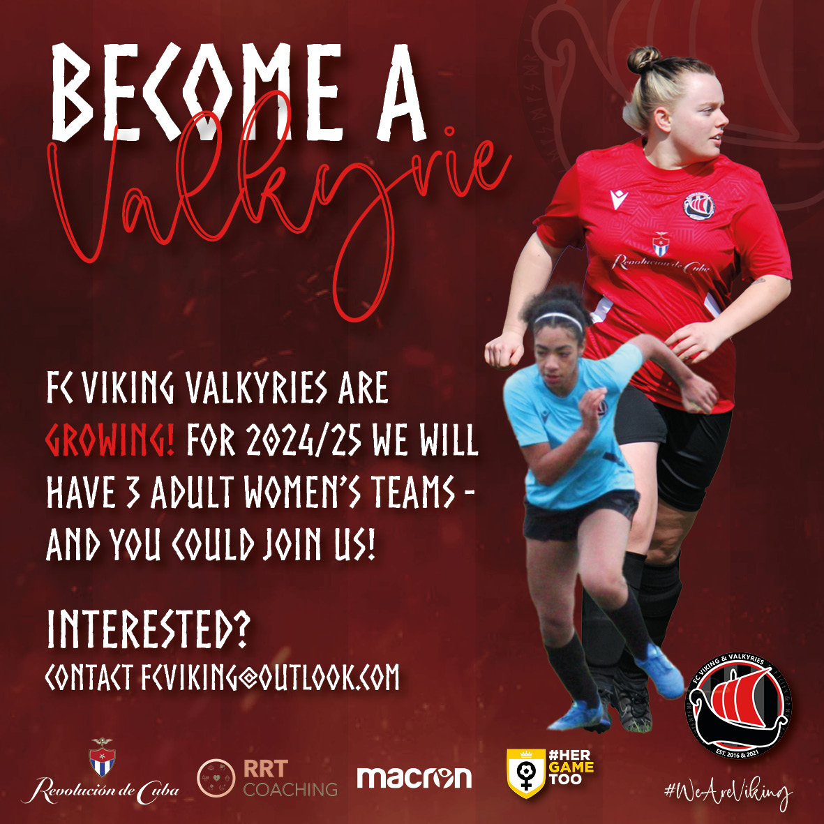 VikingValkyries's tweet photo. 💥PLAYERS WANTED!💥

This season, we are entering a Reserve squad into the
@NWGFL, growing our Valkyries to 3 teams!

No matter your experience or ability, there could be an opportunity for you to join our successful setup! 

DM us or email fcviking@outlook.com

🔴⚪️⚫️ https://t.co/3lsaIP13lh
