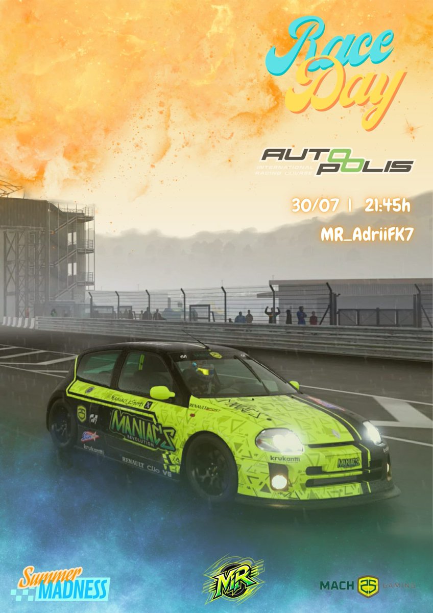 RACE DAY⚠️⚠️

⏰21:45
💚<a href="/ADRII_27_/">Adrijan!</a> 
🏁Autopolis
🏎️Clio V6

🎙️ youtube.com/@mach25gaming?…

#thenewrevolution
