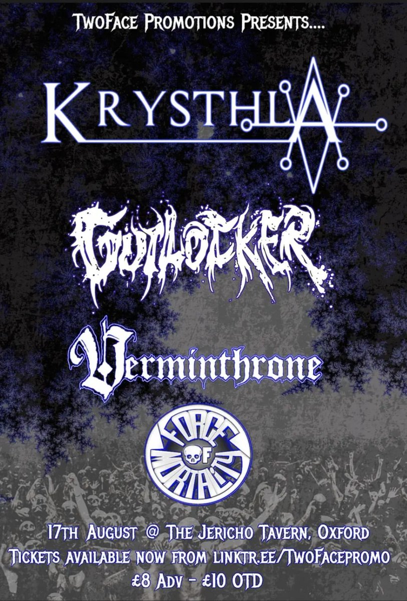 KRYSTHLA (@krysthlaband) on Twitter photo This is our next gig!
Oxford noise lovers it's time to get your ears melted!
We get to share a bill with some excellent bands including our friends <a href="/gutlockeruk1/">GUTLOCKER OFFICIAL</a> ,Verminthrone and <a href="/F_O_Mortality/">Force Of Mortality</a>
Get tickets here: seetickets.com/promoter/twofa… This is our next gig!
Oxford noise lovers it's time to get your ears melted!
We get to share a bill with some excellent bands including our friends <a href="/gutlockeruk1/">GUTLOCKER OFFICIAL</a> ,Verminthrone and <a href="/F_O_Mortality/">Force Of Mortality</a>
Get tickets here: seetickets.com/promoter/twofa…