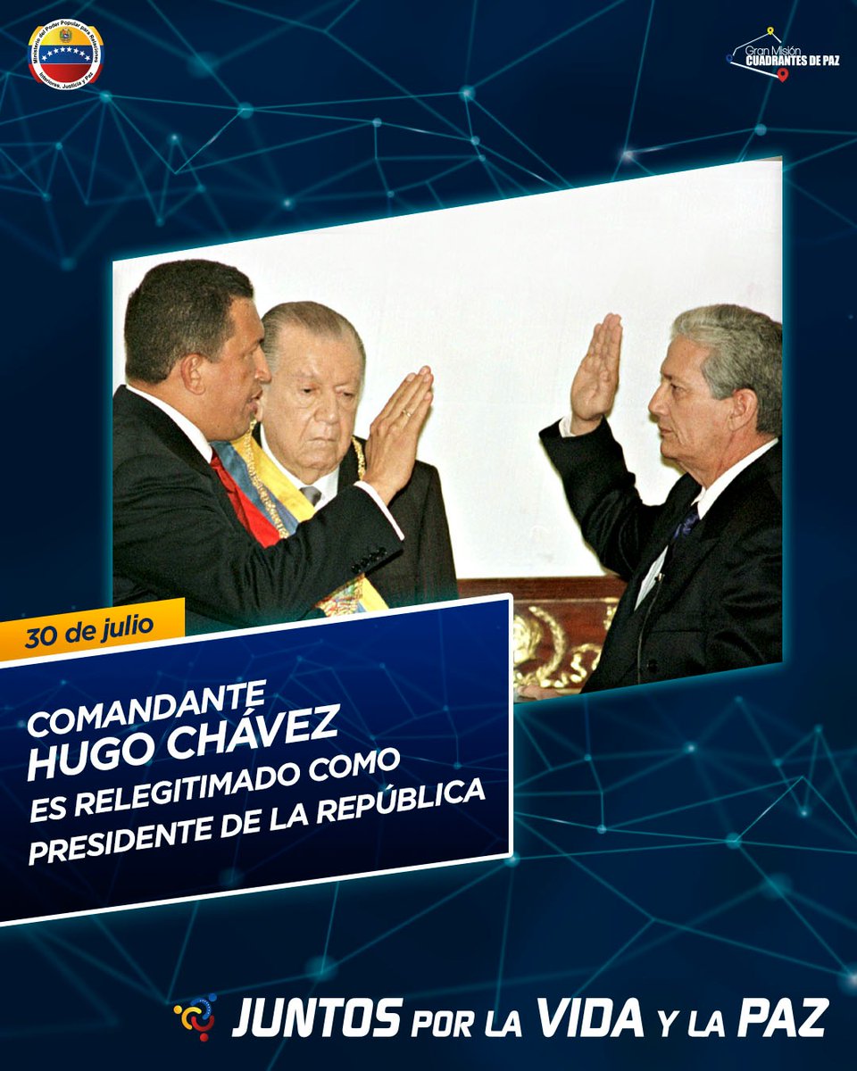 📆 |Cmdte Hugo Chávez es relegitimado como Pdte. de la República 

Con 59% de los votos el Comandante Eterno Hugo Chávez gana las elecciones presidenciales del #30JUL del año 2000, quedando relegitimado como Primer Mandatario Nacional de acuerdo con la Constitución Bolivariana.