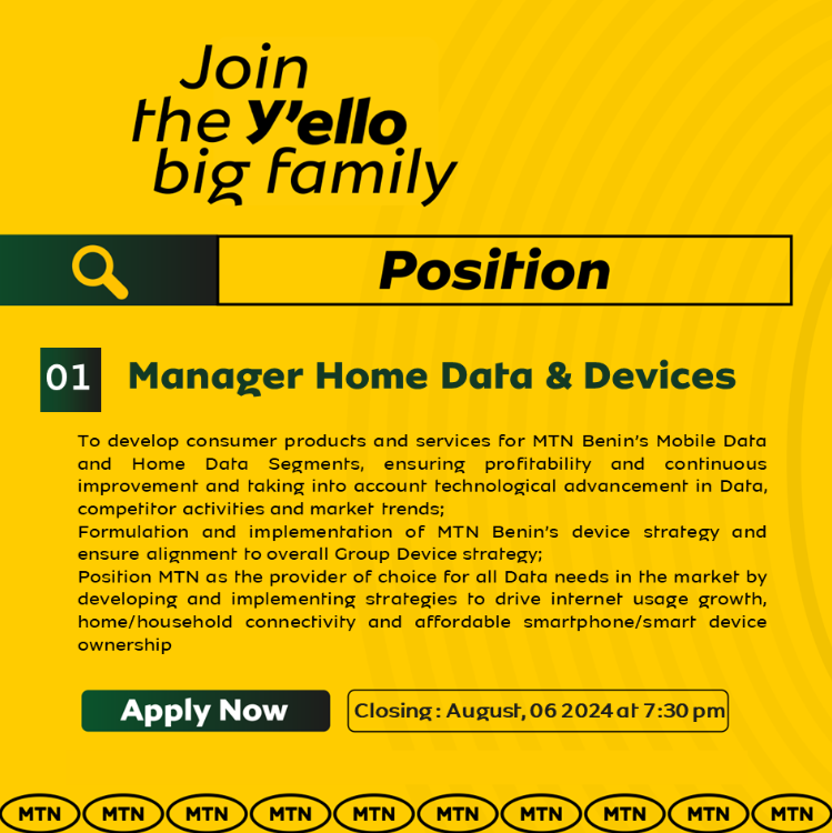 MTNBenin's tweet image. 📣 Rejoignez la grande famille des MTNers en tant que Manager Home Data &amp;amp; Devices !

Postulez ici 👉bit.ly/3PLcWsk avant le 06 Aout 2024

Plus d'infos sur le poste ici 👉 bit.ly/46HNg8p

#BestPlaceToWork