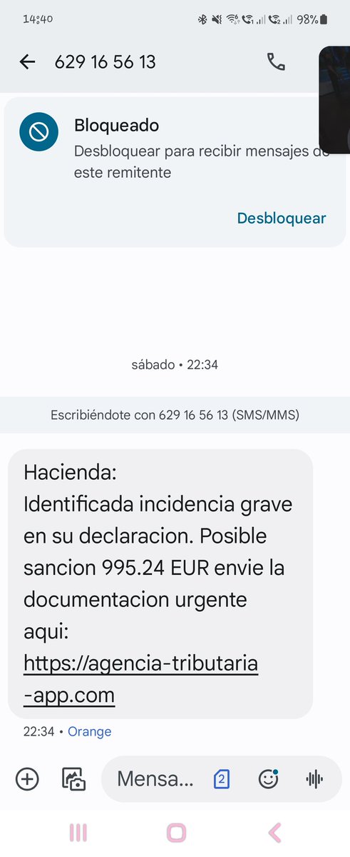 Luna_Jud's tweet photo. @Haciendagob buenas tardes.
El día sábado recibí un SMS donde se me decía que tenia una incidencia en mi declaración con un enlace. Quería saber si vosotros enviáis SMS. Os adjunto la foto del SMS . Gracias https://t.co/vxVfIbxdsy