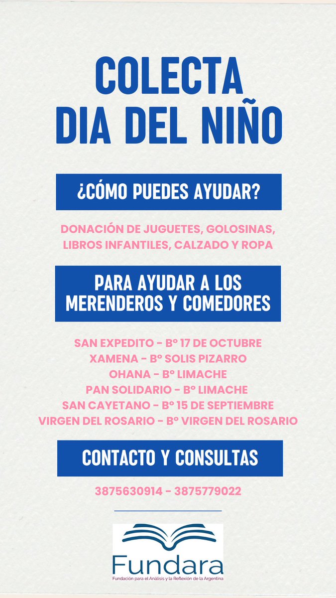 Por el Día del Niño estamos organizando una colecta para ayudar a distintos merenderos y comedores de la ciudad  de Salta 🍭🧸👕 Contáctate con nosotros 3875630914 ó 3875779022