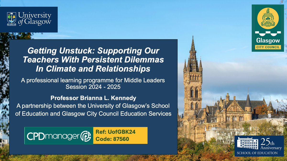 Leadership Learning in Glasgow (@gccleadlearn) on Twitter photo Coming soon: A new profession learning opportunity for Middle Leaders in partnership with <a href="/UofGEducation/">School of Education</a> “Getting Unstuck: Supporting Our Teachers With Persistent Dilemmas in Climate and Relationships.” Further details below:
glasgow.cpdservice.net/Staff/Courses/…
<a href="/GlasgowNurture/">GCC Nurture</a> <a href="/UofGHeadship/">Future of Headship</a> Coming soon: A new profession learning opportunity for Middle Leaders in partnership with <a href="/UofGEducation/">School of Education</a> “Getting Unstuck: Supporting Our Teachers With Persistent Dilemmas in Climate and Relationships.” Further details below:
glasgow.cpdservice.net/Staff/Courses/…
<a href="/GlasgowNurture/">GCC Nurture</a> <a href="/UofGHeadship/">Future of Headship</a>