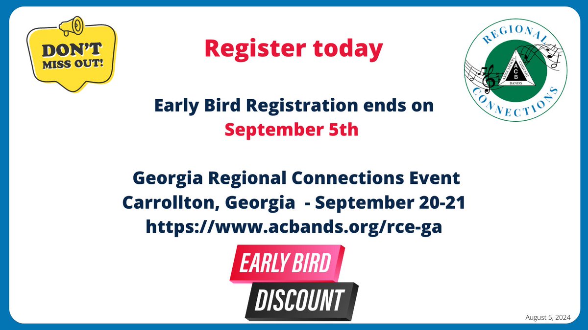 Don't forget to register for our Regional Connections Event in Georgia before the price goes up.  acb.memberclicks.net/rce-ga #Carrollton #concertband #networking