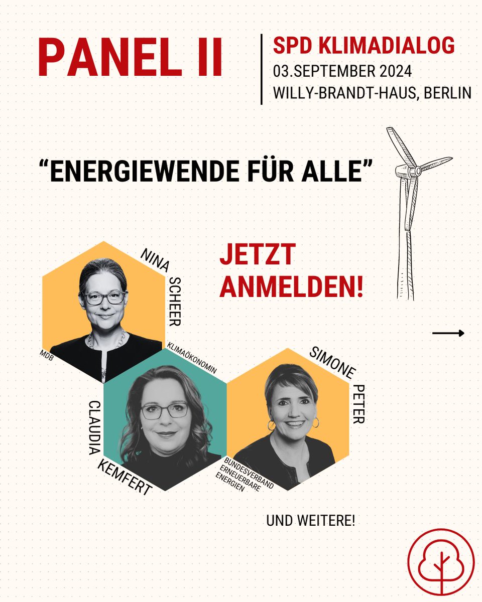 Auf dem zweiten Panel werden wir über die Energiewende sprechen! <a href="/NinaScheer_SPD/">Nina Scheer</a> <a href="/CKemfert/">Claudia Kemfert</a> <a href="/peter_simone/">Simone Peter 🌍 #Erneuerbare</a> 

Hier könnt ihr euch anmelden: 
eveeno.com/spd-klima-dial…
