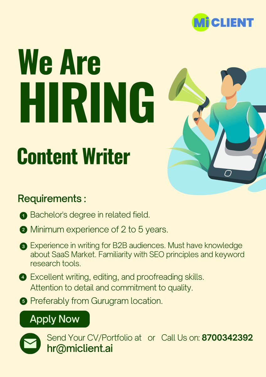 MiClient's tweet image. 🚀 We&apos;re Hiring a Content Writer!

Bring your creativity and storytelling skills to our dynamic team. Apply now and make an impact with your words!

#Hiring #ContentWriter #JoinUs #JobOpportunity #Careers #CreativeJobs #Marketing #ContentCreation #NowHiring