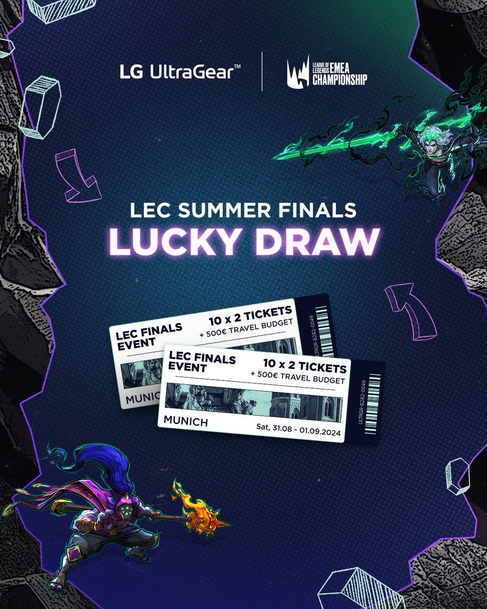 🚨 GIVEAWAY ALERT 🚨

Still need tickets for the #LEC Finals in Munich? 👀 Win 2x tickets and a travel budget for the big event! 🇩🇪

Participate now 👇
gleam.io/Ejjg1/lg-ultra…

Good luck! 🍀