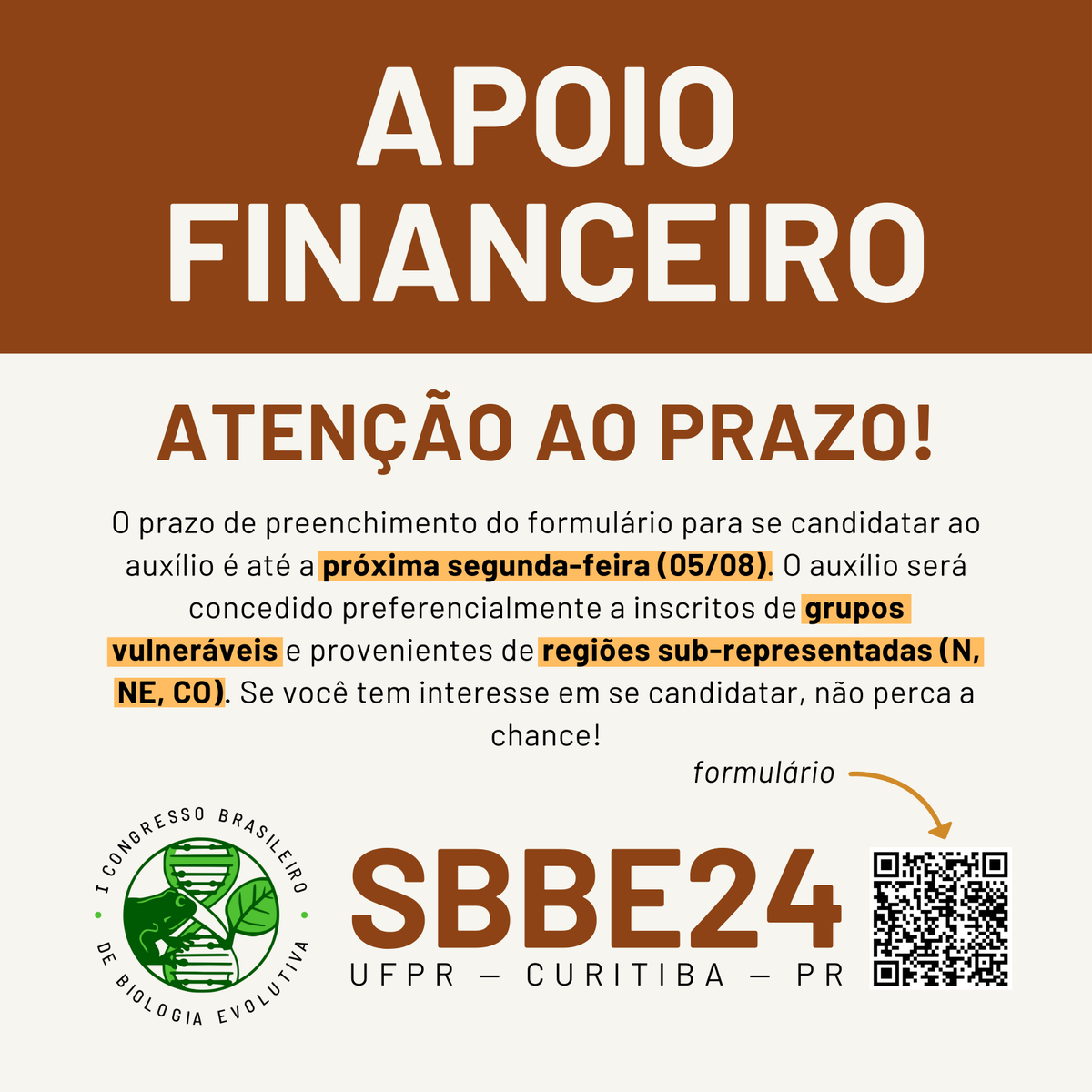 ⚠️ Atenção!!! ⚠️

O prazo para se candidatar ao auxílio financeiro para o SBBE24 é até 05/08. Não perca a chance de participar! 💫

Mais info no link na bio! 🔗

#SBBE #SBBE24 #UFPR #biologiaevolutiva #cienciabrasileira