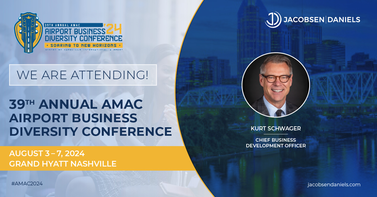 Kurt Schwager, Chief Business Development Officer at <a href="/JourneywithJD/">Jacobsen|Daniels</a>, is thrilled to attend the 39th Annual <a href="/AMAC_ORG/">AMAC</a> Airport Business Diversity Conference in Nashville, TN! He looks forward to meeting with businesses and aviation professionals #AMAC2024