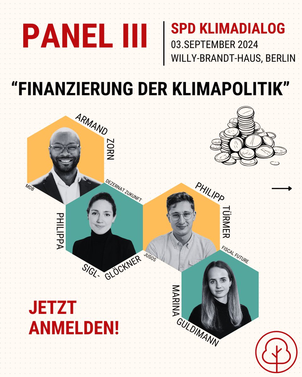 Wie finanzieren wir unsere Klimpolitik? Darüber diskutieren wir auf Panel III mit <a href="/ArmandZorn/">Armand Zorn</a> <a href="/PhilippaSigl/">Philippa Sigl-Glöckner</a> <a href="/PhilippTuermer/">Philipp Türmer</a> @marinaguldimann von <a href="/fiscalfuture_de/">FiscalFuture</a> 

Hier könnt ihr euch anmelden: 
eveeno.com/spd-klima-dial…
