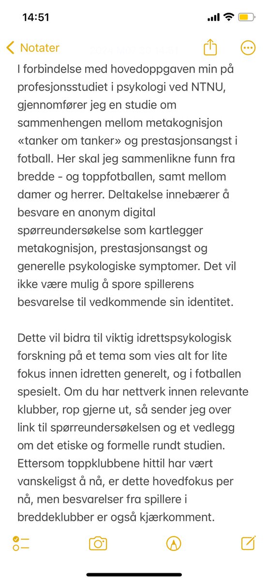 Trenger all hjelp jeg kan få til å innhente besvarelser til min studie om metakognisjon «tanker om tanker» og prestasjonsangst i fotball. Retweet gjerne for å spre ordet! Sender over link til undersøkelse og vedlegg om det etiske og formelle ved interesse. Mer info under: