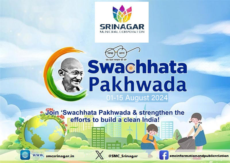 "SMC gears up for #SwachhataPakhwada from 01-15 August 2024! Join us in promoting cleanliness and making our #SrinagarCity a better place. Let's work together for a cleaner, greener tomorrow! 🌿 #CleanIndia 
<a href="/MoHUA_India/">Ministry of Housing and Urban Affairs</a> <a href="/PMOIndia/">PMO India</a>
<a href="/HMOIndia/">गृहमंत्री कार्यालय, HMO India</a> <a href="/OfficeOfLGJandK/">Office of LG J&K</a> <a href="/JKHUDD1/">J&K Housing & Urban Development Department</a> <a href="/owais_ias/">Owais Ahmed</a>