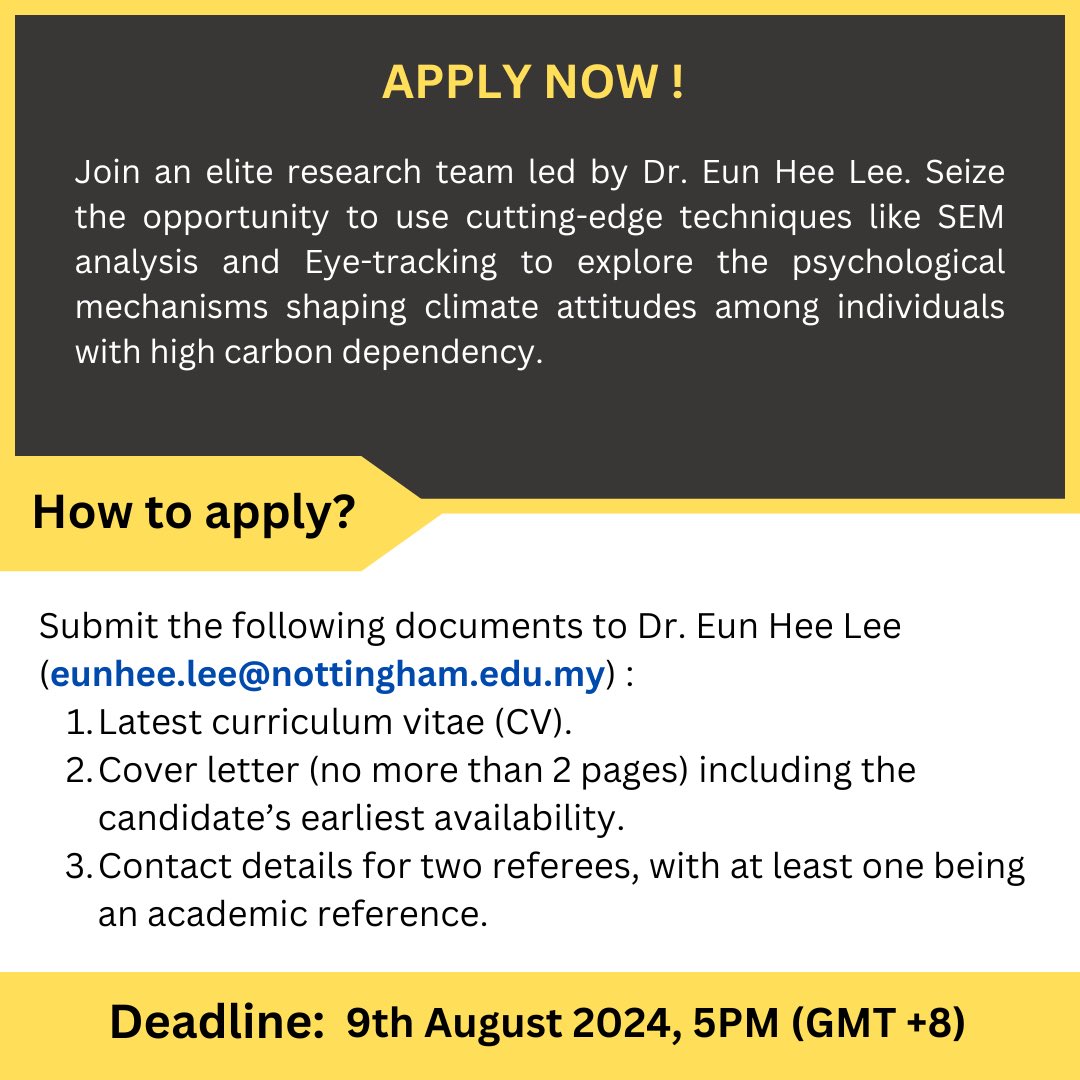 UNM Psychology (@unmcpsychology) on Twitter photo The UNM School of Psychology is happy to announce an MPhil scholarship, beginning September 2024!
Apply Now ‼️
For further enquiries, contact the principle investigator Dr. Eun Hee (eunhee.lee@nottingham.edu.my)
#unm #unmpsychology #research #scholarship The UNM School of Psychology is happy to announce an MPhil scholarship, beginning September 2024!
Apply Now ‼️
For further enquiries, contact the principle investigator Dr. Eun Hee (eunhee.lee@nottingham.edu.my)
#unm #unmpsychology #research #scholarship