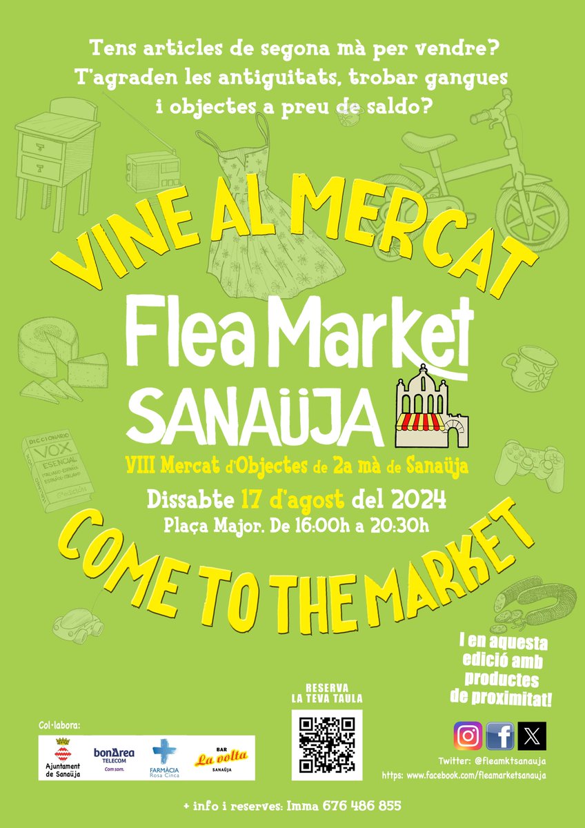 Anunciem la data del #FleaMarketSanaüja 2024: Dissabte, 17 d'agost, a partir de les 16:30 fins a les 20:30.

Al Flea trobareu:
🥻 Roba i articles de 2a mà
🧑‍🎨 Artesania i peces úniques fetes a mà
🧀 Formatge i productes de proximitat

No us ho perdeu!! Us hi esperem!