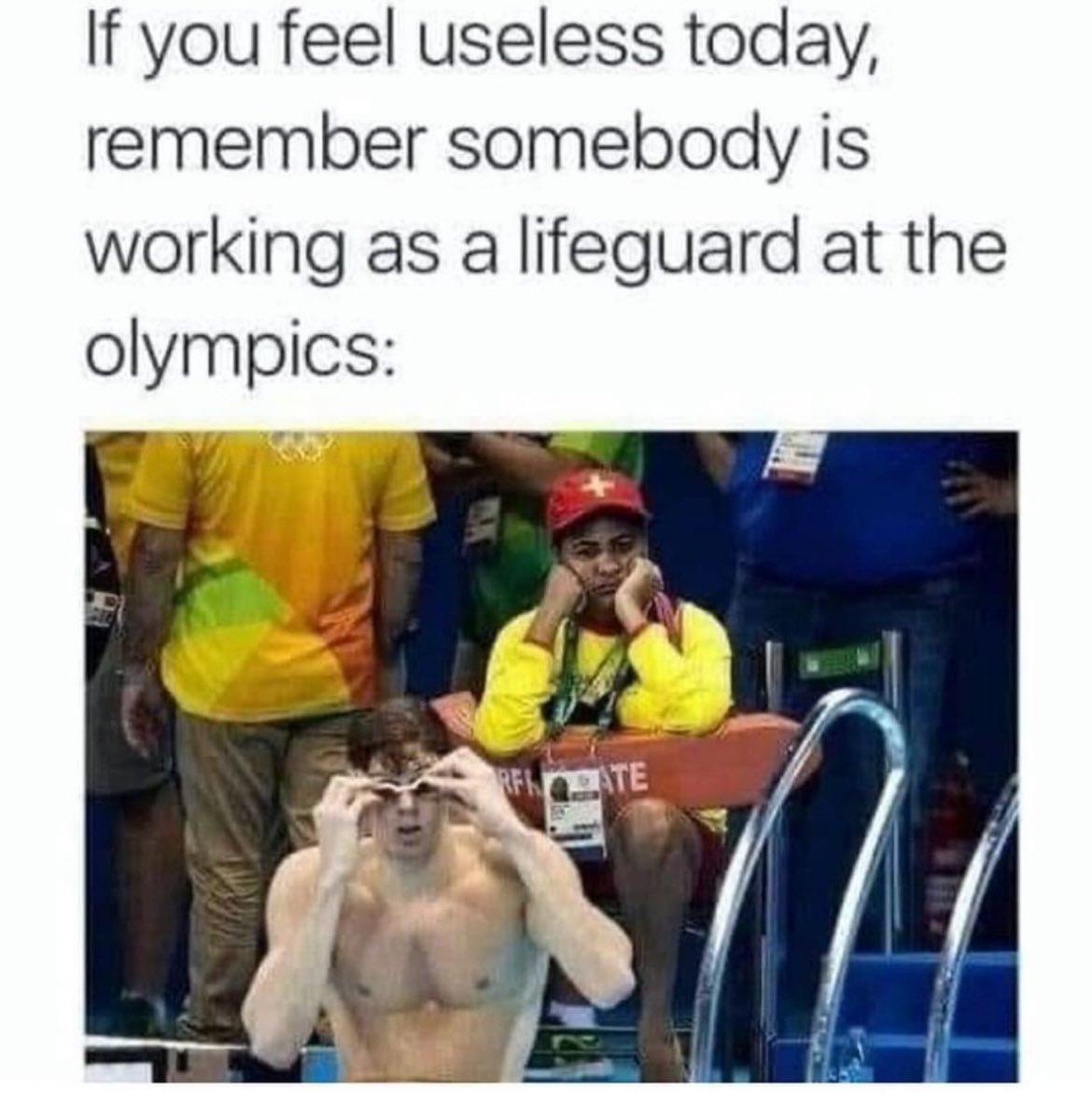 Simplycfrey's tweet photo. Help Wanted: Olympic lifeguard. Must excel at looking busy while world's best swimmers do their thing. Skills required: chair-sitting, poolside strolling, and occasional concerned glances. Diving ability a plus! 🏊‍♀️🆘 https://t.co/E79C17v9xO