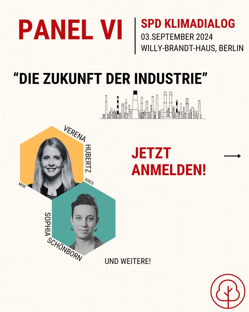 Das sechste Panel beschäftigt sich mit der Zukunft der Industrie. Mit dabei sind <a href="/verenahubertz/">Verena Hubertz</a> @sophiaschönborn von der <a href="/igbce/">IGBCE</a> und weitere spannende Gäst*innen! 

Hier könnt ihr euch anmelden: 
eveeno.com/spd-klima-dial…