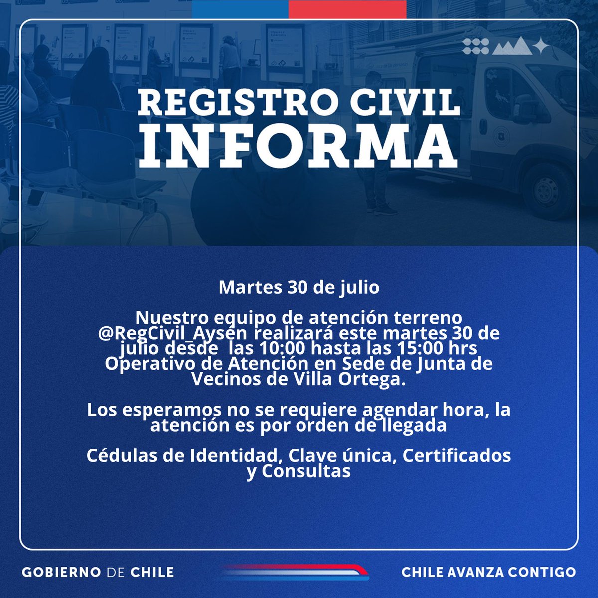 RegCivil_Aysen's tweet image. [🚍Atención en Terreno] Equipo de Atención Terreno del @RegCivil_Aysen realizará operativo en Junta de Vecinos de Villa Ortega, desde las 10:00 a las 15:00 hrs. Los esperamos #CeduladeIdentidad #Certificados #ClaveÚnica