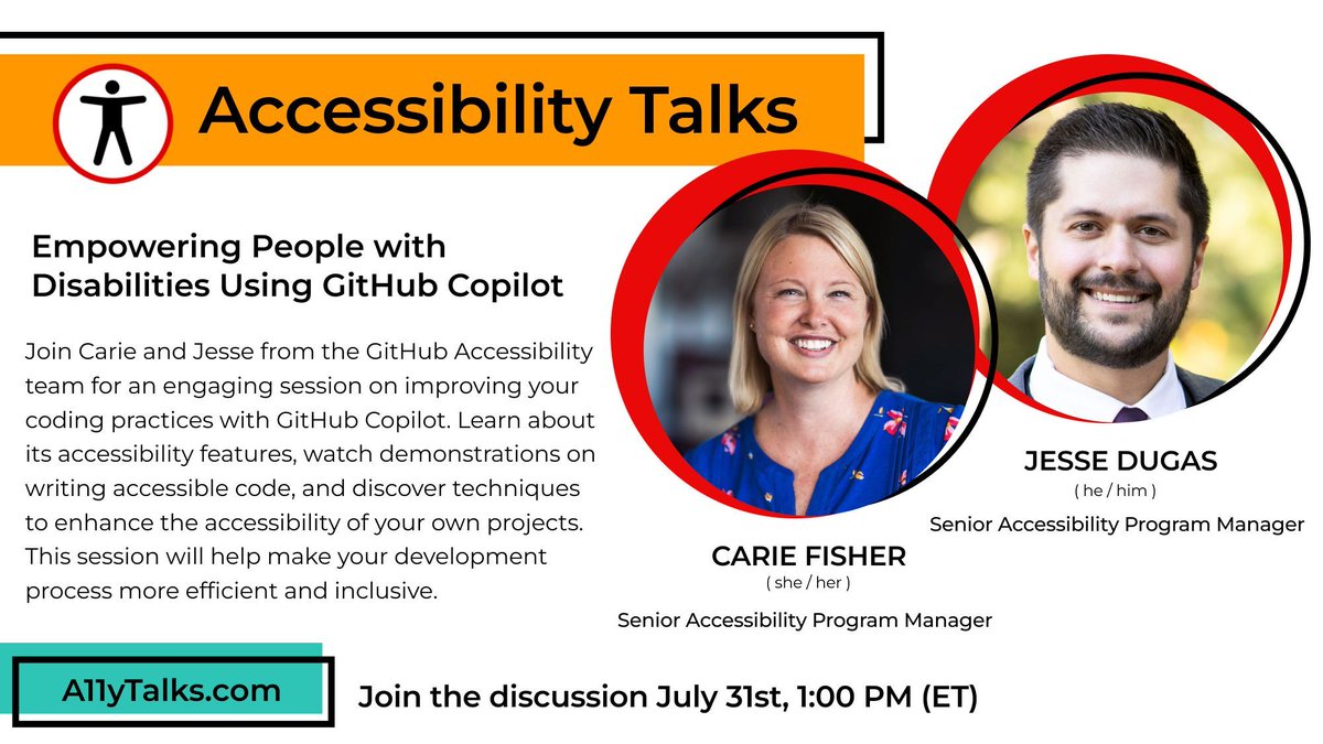 Join us tomorrow at 1pm ET for “Empowering People with Disabilities Using GitHub Copilot” with Carie Fisher and Jesse Dugas from the GitHub Accessibility team a11ytalks.com/posts/2024-jul
#A11y #Accessibility #A11yTalks #Drupal #GitHub #Copilot