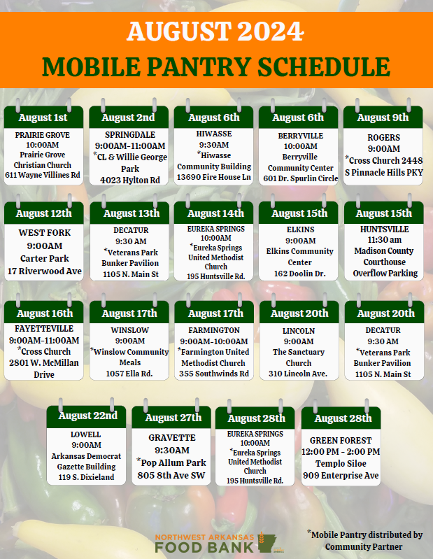 The August Mobile Pantry Schedule is now available. Please share this info with your neighbors!

We ask that you visit one Mobile Pantry per month. 
NOTE: An additional Mobile Pantry has been added in Decatur.

More resources: nwafoodbank.org/find-food

#FeedingNWA