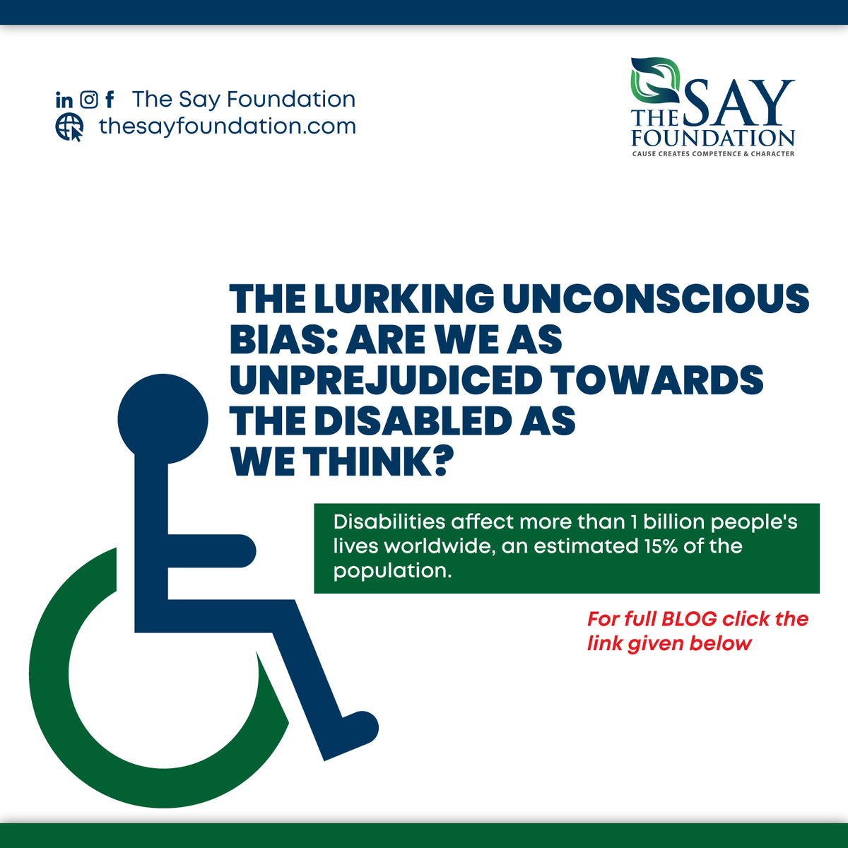 TSAYFoundation's tweet photo. Disabilities impact over a billion lives globally, making up 15% of the population. 

Read the full blog https://t.co/cFsti2Jd8J  

#disabilityawareness #inclusionmatters #unconsciousbias #accessibilityforall #disabilityadvocacy #supportPwDs #TheSayFoundation https://t.co/pEsqJNww5B
