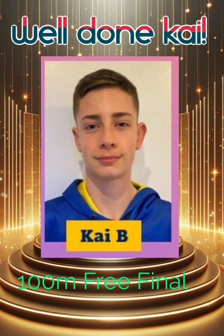 Congrats to Kai on making the 100m Free final this evening..well done

Other great swims have taken place with Summer playing 20th in the 200m Free and Lewis placing 21st in the 400IM

#proudtobertsc 
💙💛💙💛💙