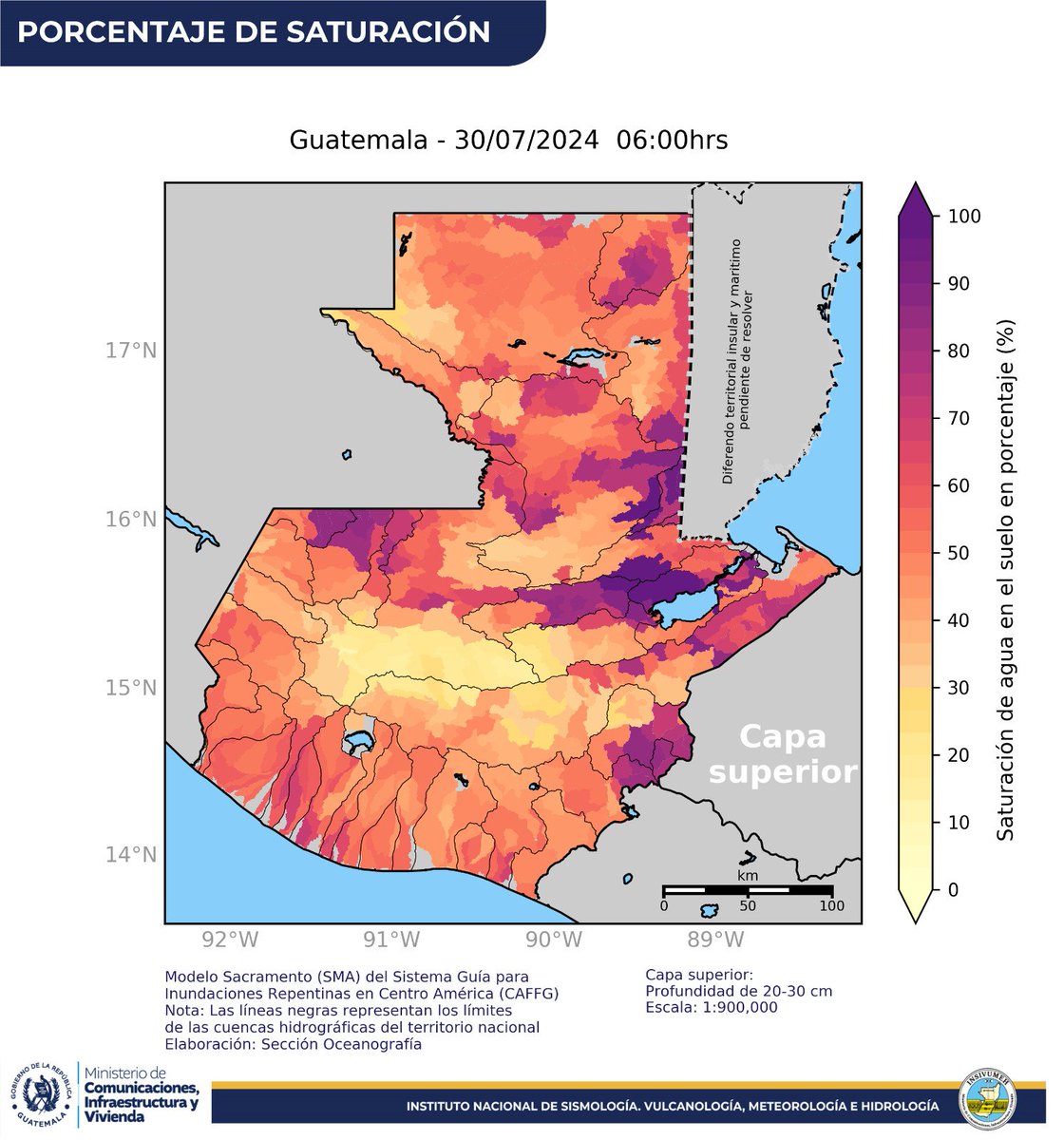 MAPAS DE PORCENTAJE DE SATURACIÓN DEL SUELO PARA LA CAPA SUPERIOR
Profundidad de 20-30 cm.
30 de julio de 2024.

#SomosINSIVUMEH #GuatemalaSaleAdelante #CIV