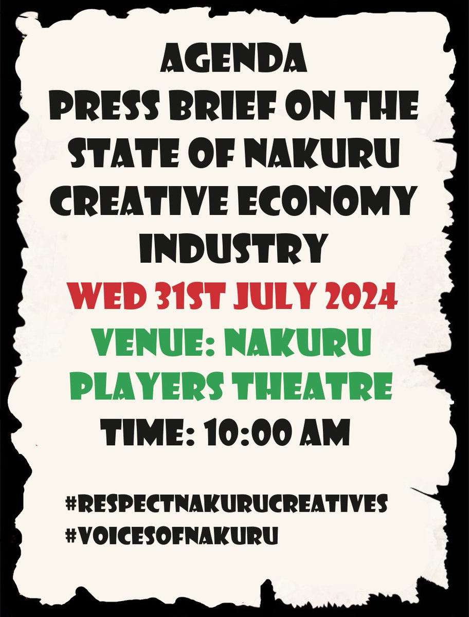 Kamau Wa Molo (@kamauwamolo) on Twitter photo Wednesday 31st 2024.
Nakuru Artists will be speaking.
Art shall be respected. Nakuru is known for it's artistry as it is the only UNESCO creative city in Kenya but the <a href="/NakuruCountyGov/">Nakuru County Gov</a> as being doing everything contravening the May 2005 status of the artists !!
People Shall ! Wednesday 31st 2024.
Nakuru Artists will be speaking.
Art shall be respected. Nakuru is known for it's artistry as it is the only UNESCO creative city in Kenya but the <a href="/NakuruCountyGov/">Nakuru County Gov</a> as being doing everything contravening the May 2005 status of the artists !!
People Shall !