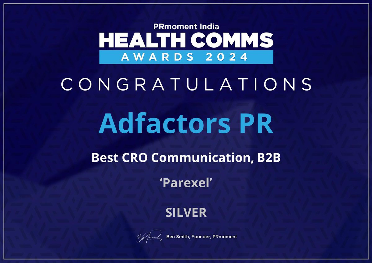 PRmomentIndia's tweet photo. Winners announced for the PRMoment Health Comms Awards 2024 - https://t.co/t4bPmFQvNC

Congratulations to @AdfactorsPR and Parexel on winning Silver for Best CRO Communication, B2B! 🥈

#AdfactorsPR #Parexel #CROCommunication #B2B #Awards #SilverWinner #Congratulations

@paaruc https://t.co/IDZEQvIZs9