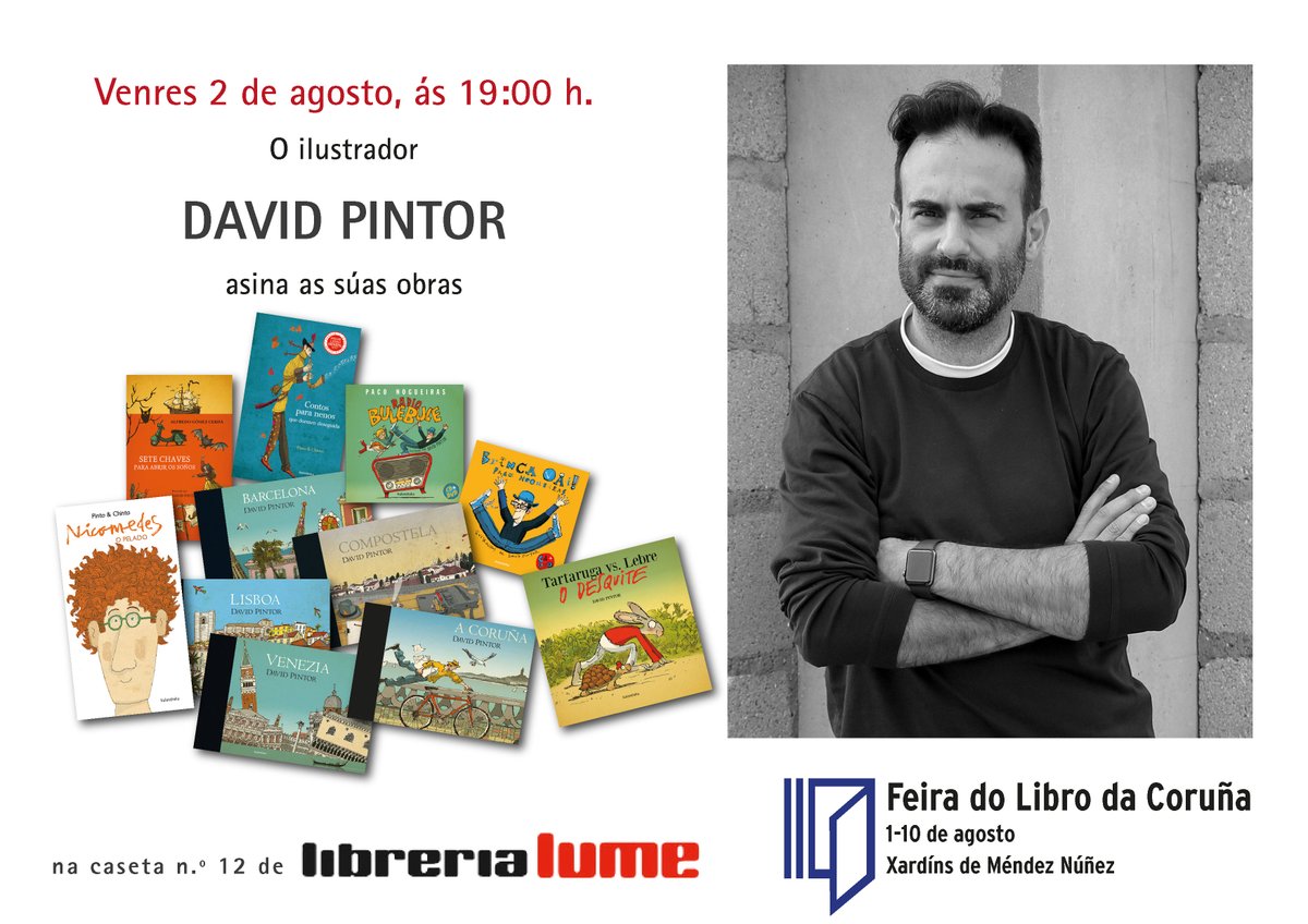 KalandrakaEdit's tweet photo. O venres 2 ás 18:30h a caseta de Galgo Azul recibe a #MarcTaeger coa súa ampla variedade de libros ilustrados; ás 19h a caseta da libraría Lume acolle o artista coruñés #DavidPintor, que dedicará a colección Cidades e outros títulos #FeiraDoLibroDaCoruña
🗓️https://t.co/WeJKoBBayW https://t.co/Wou2seDplh