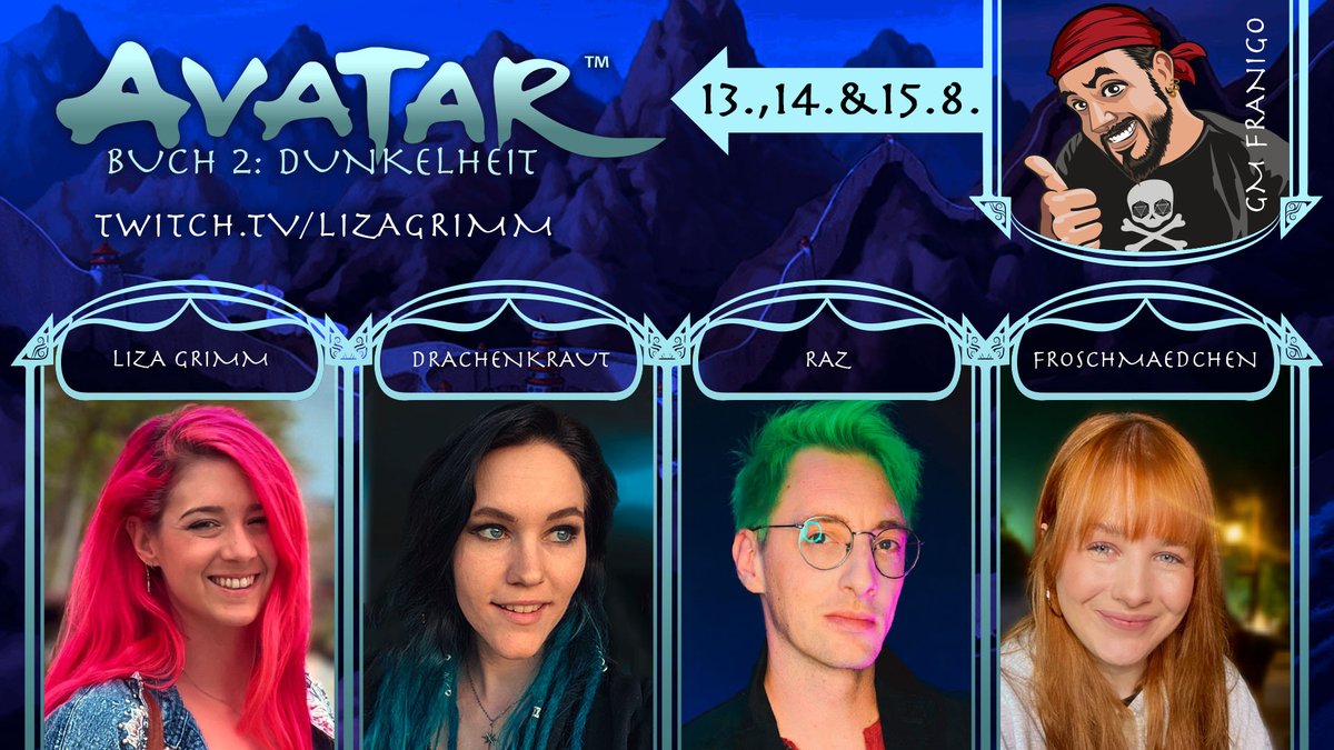 Liza Grimm 🌪 (@thelizagrimm) on Twitter photo ES. GEHT. WEITER 🔥
Vom 13. - 15.08. spielen wir erneut "Avatar - Verborgene Kämpfe" und ich habe einmal mehr Angst davor, was <a href="/FranigoRolls/">FranigoRolls ❗überall anders, nicht mehr hier❗</a> sich für uns ausgedacht hat. ES. GEHT. WEITER 🔥
Vom 13. - 15.08. spielen wir erneut "Avatar - Verborgene Kämpfe" und ich habe einmal mehr Angst davor, was <a href="/FranigoRolls/">FranigoRolls ❗überall anders, nicht mehr hier❗</a> sich für uns ausgedacht hat.