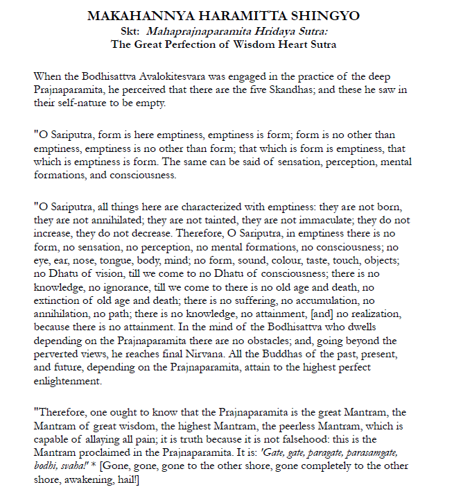 "Chanting this Heart Sutra from the soles of your feet, resonating every bone, pore, sinew, unified in breath, heart, and mind, you see right here that Avalokiteshvara is none other than this one reading these words, chanting these verses, aware now acting for the benefit of