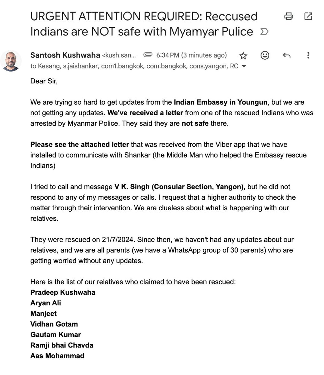 creativesanty's tweet photo. @IndiainMyanmar @DrSJaishankar @IndianDiplomacy @MEAIndia @narendramodi @PMOIndia @diaspora_india @PIB_India @PTI_News I was happy when I saw this news but soon realised they are actually NOT Safe there. I emailed everyone now and hoping at least someone will see what is actually happening with those Indians with Myamyar Pulice. https://t.co/K2ZOHeMi78