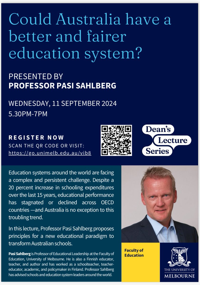 Pasi Sahlberg (@pasi_sahlberg) on Twitter photo I'm honoured to give the Dean's Lecture titled "Could Australia have a better and fairer education system?" on Sept 11th at 5:30pm <a href="/EduMelb/">Faculty of Education</a>. Come join me in conversation! Register here: eventbrite.com.au/e/could-austra⦠I'm honoured to give the Dean's Lecture titled "Could Australia have a better and fairer education system?" on Sept 11th at 5:30pm <a href="/EduMelb/">Faculty of Education</a>. Come join me in conversation! Register here: eventbrite.com.au/e/could-austraā¦