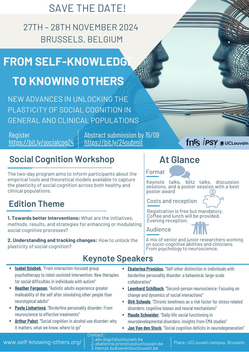 Our 2-day social cognition workshop in Brussels on Nov27-28 now welcomes your abstracts for poster/talk (bit.ly/24submit)! You can still register but we are almost complete! (bit.ly/socialcog24) <a href="/ESCAN_EU/">ESCAN</a> <a href="/essanbrains/">socialaffectiveneuro</a> <a href="/ESCoP_news/">ESCoP</a> <a href="/S4SNeuro/">Society for Social Neuroscience</a> 
Go self-knowing-others.org