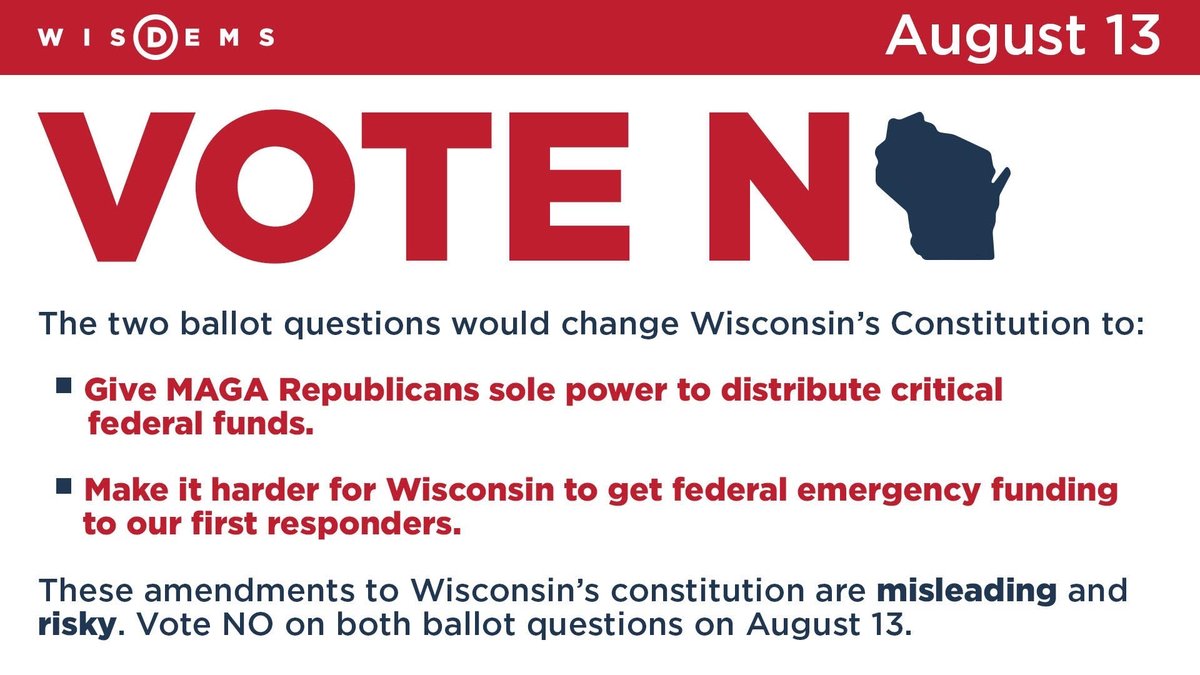 Early Voting begins today!!  As you are selecting your favorite primary candidates, please consider voting "No" on the two constitutional amendments. These amendments are bad for Wisconsin. 

Visit myvote.wi.gov for voting information!
