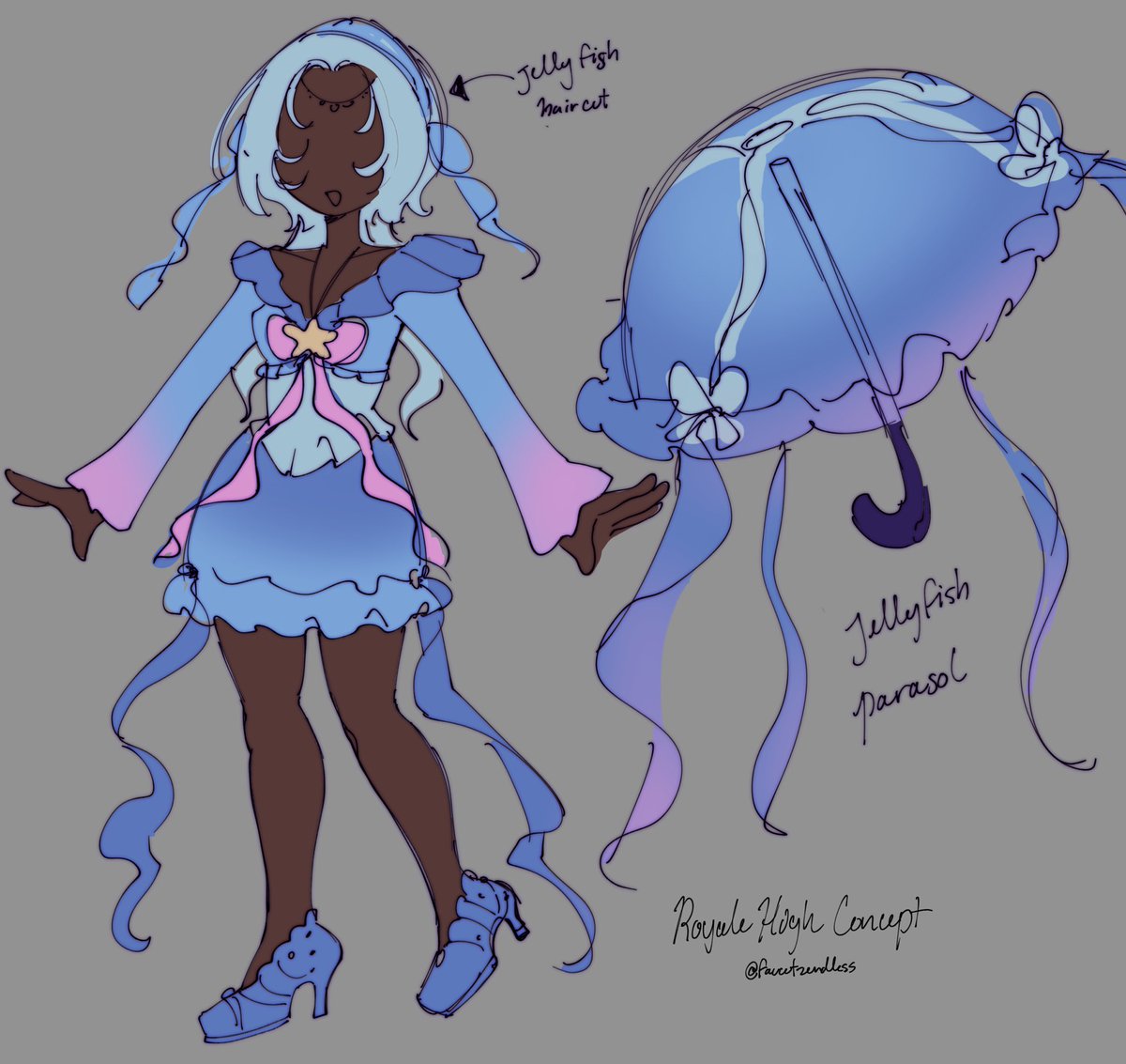 Some royale high concepts 🩷🩷 idk what to name the jellyfish set but I really love the idea of a jellyfish parasol