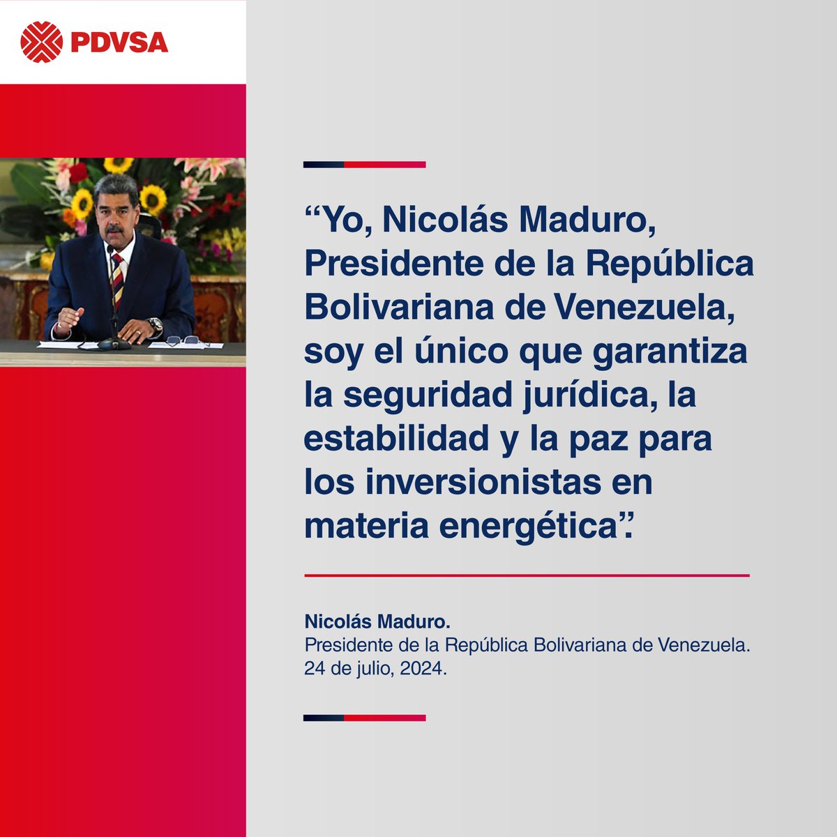 PDVSA's tweet photo. El presidente @NicolasMaduro con la implementación del Programa de Recuperación Económica es garante de la seguridad jurídica, la estabilidad y la paz, junto a un futuro de prosperidad y bienestar para el país. https://t.co/LkJHOwbsUV