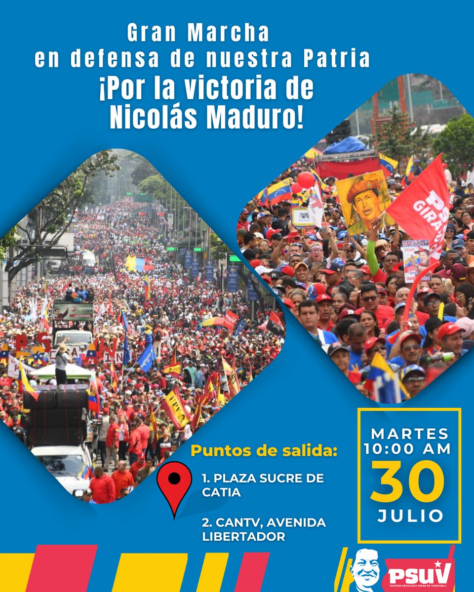 PartidoPSUV's tweet photo. 📣 ¡ATENCIÓN!

En defensa de la paz, de nuestra Patria y de la victoria de @NicolasMaduro, nos desbordamos con la alegría que nos caracteriza en las calles de Caracas.

Nos vemos en:

1️⃣Plaza Sucre.
2️⃣CANTV, avenida Libertador.

¡Asiste! 🙋🏼‍♀️🙋🏽‍♂️🙋🏿🙋🏻‍♂️ https://t.co/LPer8PQsdI