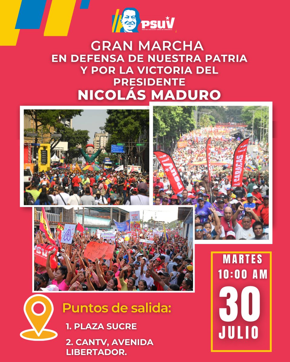 PartidoPSUV's tweet photo. 📣 ¡ATENCIÓN!

En defensa de la paz, de nuestra Patria y de la victoria de @NicolasMaduro, nos desbordamos con la alegría que nos caracteriza en las calles de Caracas.

Nos vemos en:

1️⃣Plaza Sucre.
2️⃣CANTV, avenida Libertador.

¡Asiste! 🙋🏼‍♀️🙋🏽‍♂️🙋🏿🙋🏻‍♂️ https://t.co/LPer8PQsdI