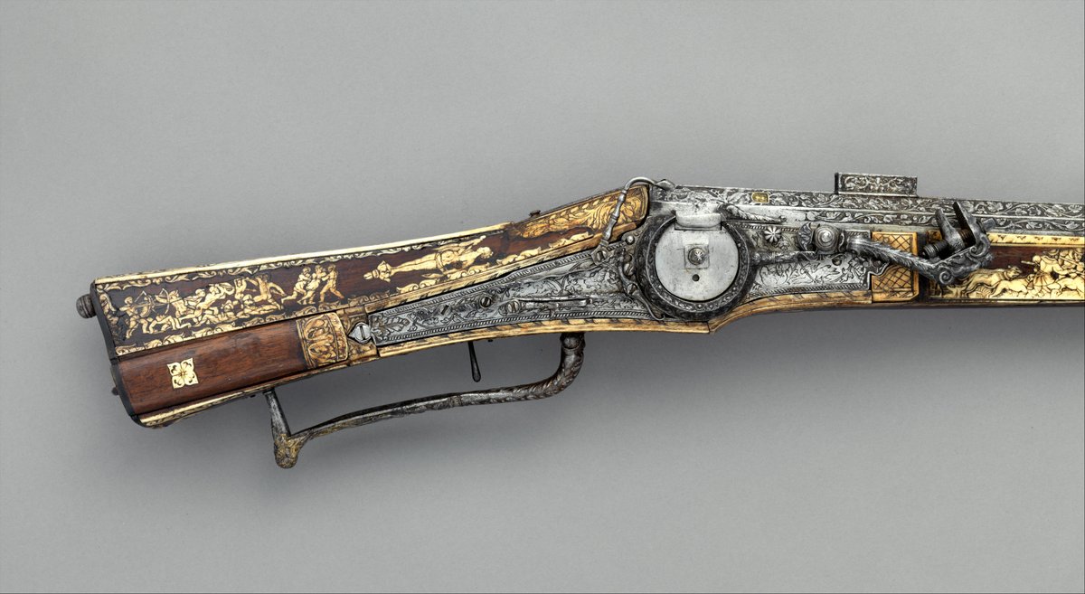 TheArmour's tweet photo. A fabulously decorated #Musket with both a #Matchlock and a #Wheellock mechanism,
OaL: 47.75 in/121.3 cm
Barrel Length: 36.4 in/91.9 cm
Calibre: 0.57 in/14.5 mm
Weight: 9.8 lbs/4451 g
#Germany, ca. 1560, housed at the @metmuseum https://t.co/pJP3PhnXNt