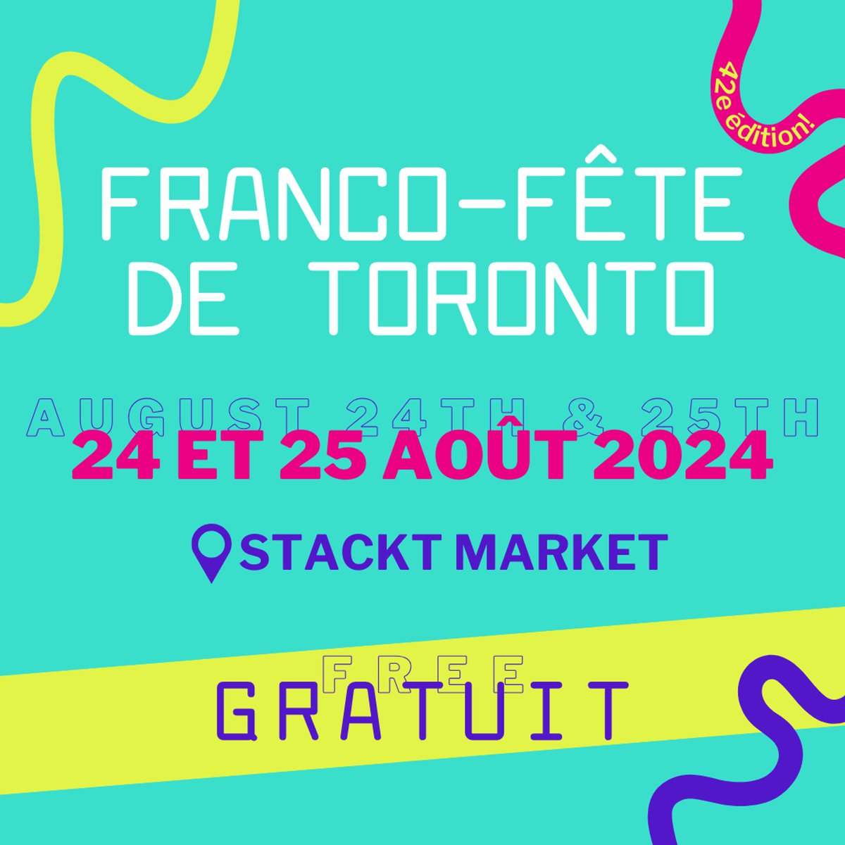 🌟 La Franco-Fête de Toronto revient les 24 et 25 août ! 🌟 Rejoignez-nous au @STACKT market pour célébrer la diversité de la francophonie avec des artistes incroyables, des activités, et beaucoup de fun ! Restez à l'écoute pour plus de détails!