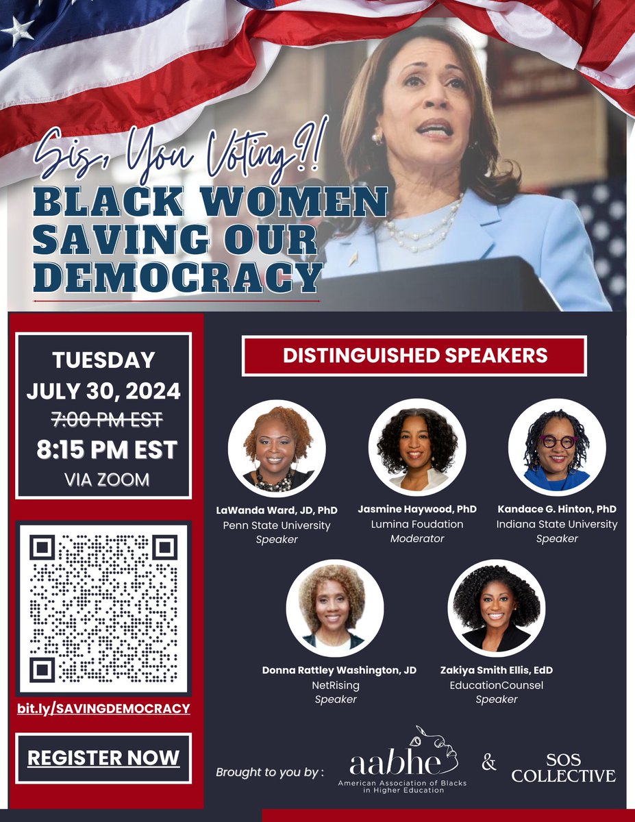 Tonight! Put on by <a href="/AABHEorg/">AABHE</a> and #SOSCollective. Come talk with Black female leaders in higher education about all things democracy, voting, mobilizing, and taking care of yourself during election season. <a href="/kandacehinton/">kandace hinton, ph.d</a> <a href="/SecSmithEllis/">Dr. Zakiya Smith Ellis</a> <a href="/DRWashington11/">Donna RattleyWashing</a> 

us02web.zoom.us/webinar/regist…