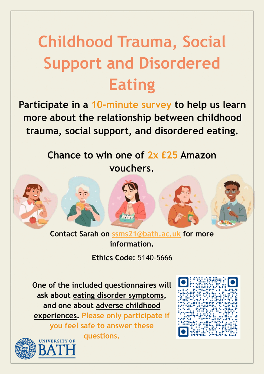 n_higsonsweeney's tweet photo. 🚨RESEARCH OPPORTUNITY🚨

If you are 18-25yrs &amp; have a spare 5-10 minutes, please consider helping my MSc student with her study! We ideally need 100 more responses 🙏

TWs for trauma and disordered eating; please only take part if comfortable/safe 👇

https://t.co/JZKTB7EFNq https://t.co/FJmYHsaUkE
