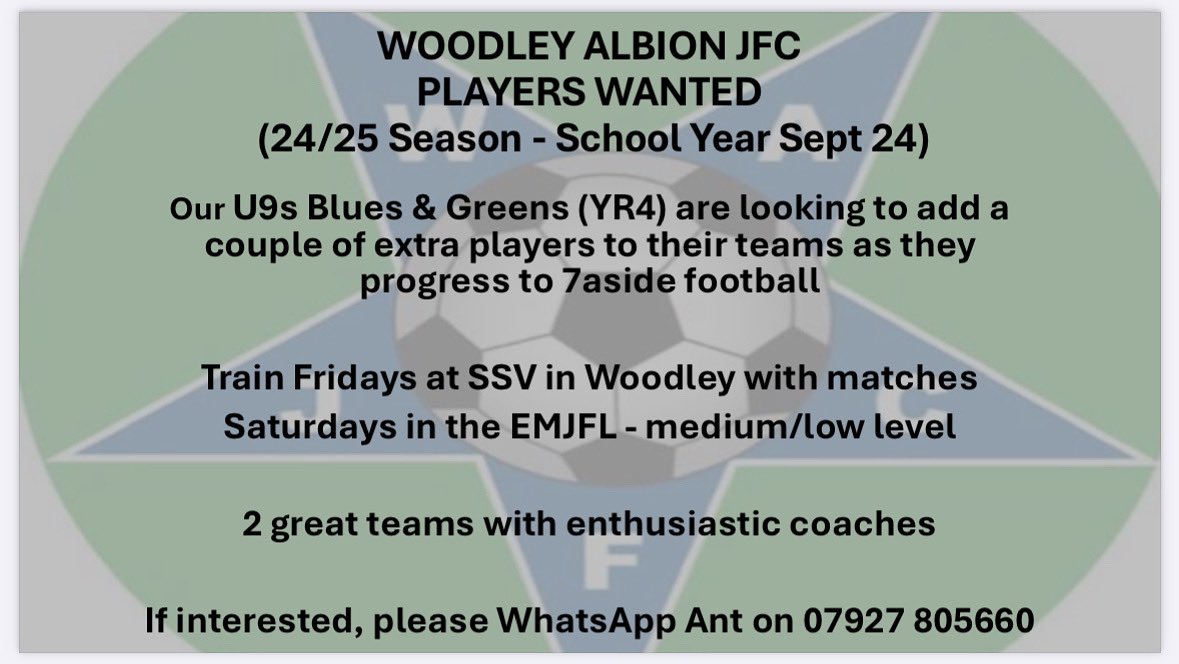 Both our U9s teams are looking to recruit as they move to 7aside football - get in touch if you would like to come along for a free session #teamwoodleyalbion⚽️💙💚⚽️ #U9s #7aside