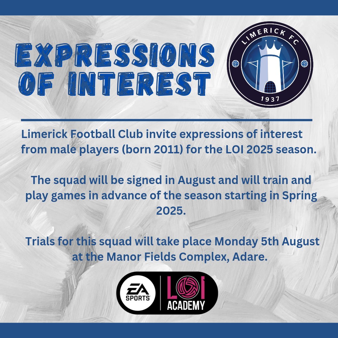 Limerick FC (@limerickfcie) on Twitter photo ๐๐ญ๐ฅ๐ง๐๐จ๐จ๐๐ค๐ฃ๐จ ๐๐ ๐๐ฃ๐ฉ๐๐ง๐๐จ๐ฉ!
Limerick FC invites expressions of interest from male players (born 2011) for the LOI 2025 season.
Trials for this squad will take place Monday, 5th August.
Use the link to register interest!
docs.google.com/forms/d/e/1FAIโฆ ๐๐ญ๐ฅ๐ง๐๐จ๐จ๐๐ค๐ฃ๐จ ๐๐ ๐๐ฃ๐ฉ๐๐ง๐๐จ๐ฉ!
Limerick FC invites expressions of interest from male players (born 2011) for the LOI 2025 season.
Trials for this squad will take place Monday, 5th August.
Use the link to register interest!
docs.google.com/forms/d/e/1FAIโฆ