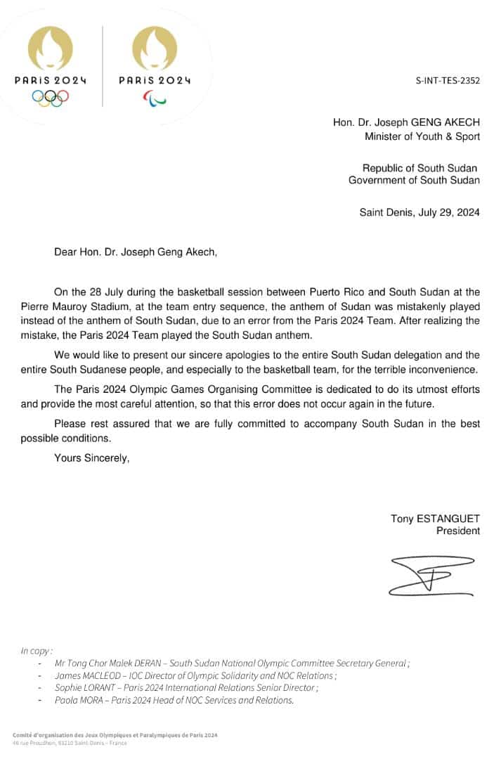 DengMachol's tweet photo. #BreakingNews
The Olympic Organising Committee has officially apologized to South Sudan following  playing the wrong national anthem on Sunday, #July28, 2024 during the South Sudan Basketball Olympic Games debut against Puerto Rico. https://t.co/T45tViDktA