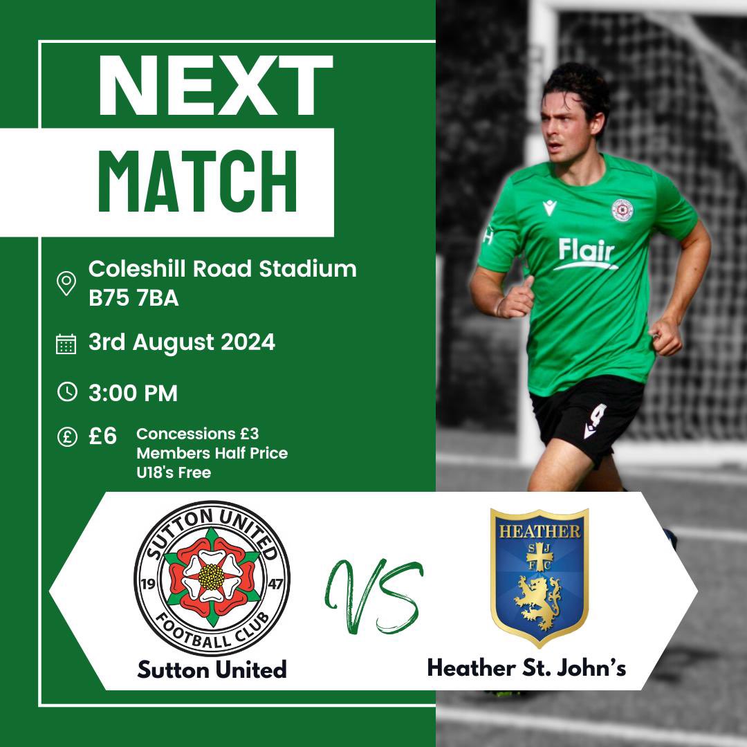 SuttonUtdFC's tweet photo. 💥 Season opener at SUFC!

This Saturday our 1st team kick off the season as we welcome @HSJFC_Official 

We would love to see as much support as possible for what will be a very good game between 2 good sides.

🟢⚫️ https://t.co/iVO85oNoOb