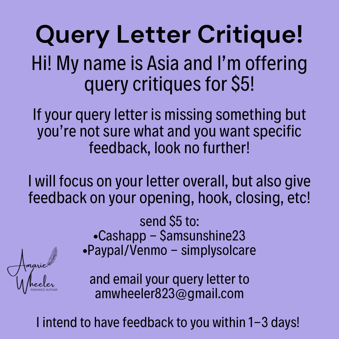 amsunshine_'s tweet photo. Your girl is offering query critiques for $5 each! If your query is missing something but you’re not sure what and you want specific feedback, look no further! 😊
#WritingCommunity #amquerying #querycritique https://t.co/iFlPIPg30r